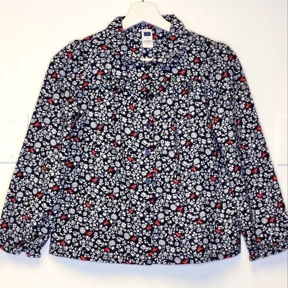 Janie and Jack Red Birds Floral Flannel Navy Blue Winter Pajama Shirt Size 10 - Picture 1 of 11